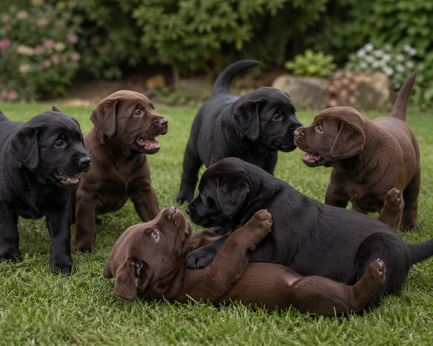 Cuccioli di labrador retriever neri e chocolate